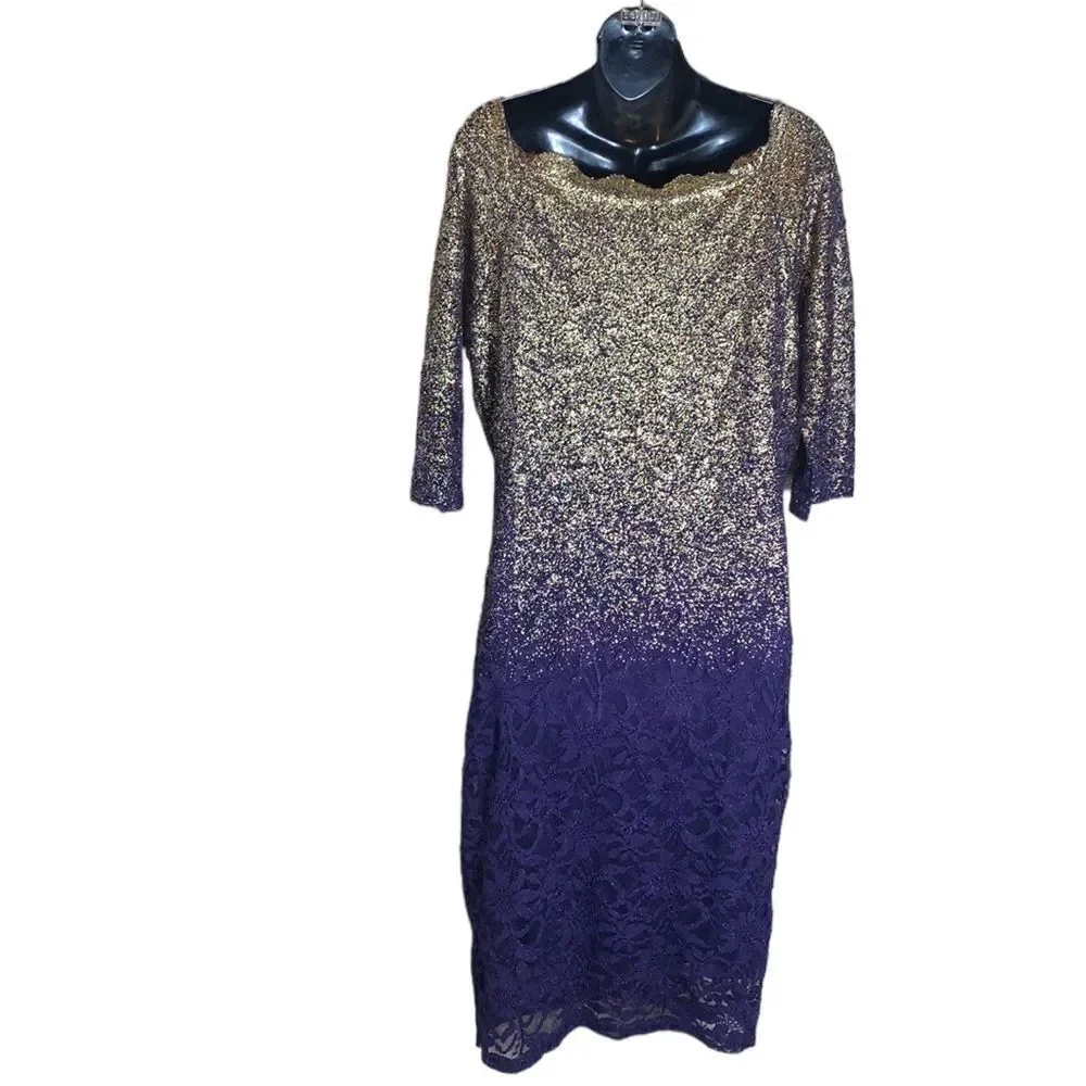 Marina purple/gold metallic ombré lace sheath dress 14 shimmer textured fairy - Picture 4 of 6